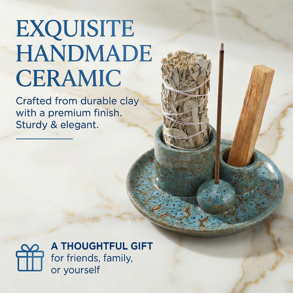 Handmade Ceramic Incense Burner for Palo Santo Incense Sticks, 4 in 1 Multi-Purpose Sage Holder for Burning, Ash Catcher Tray for Meditation Yoga Room (Golden)