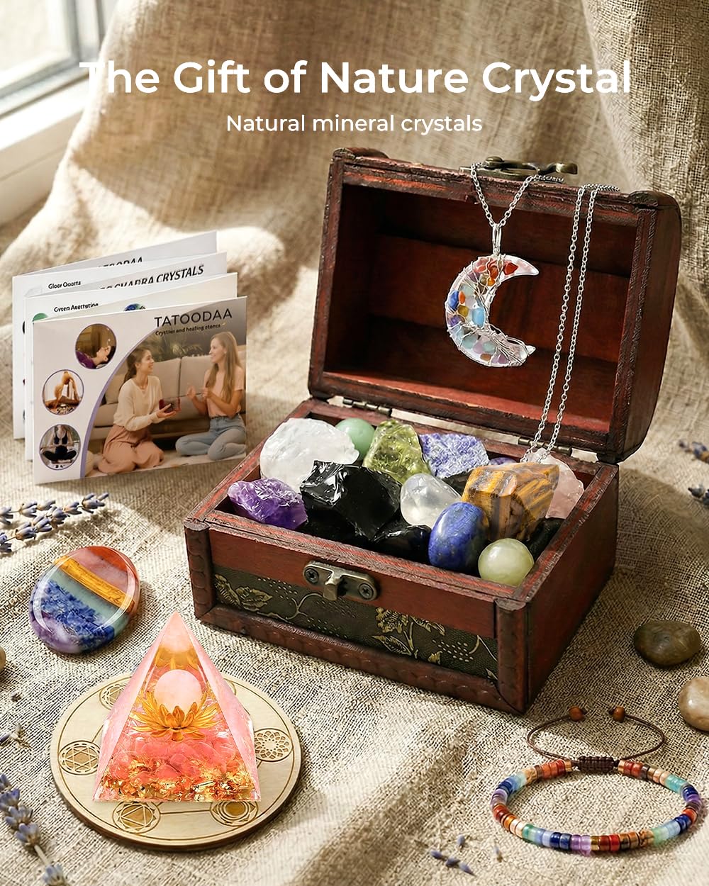 Crystals and Healing Stones, 9 Pcs Healing Crystals Set, 7 Chakra Crystal Stones Set Real Natural Selenite Pyramid Reiki Raw Rock Energy Protection Meditation with Wooden Box, Crystal Gifts for Women