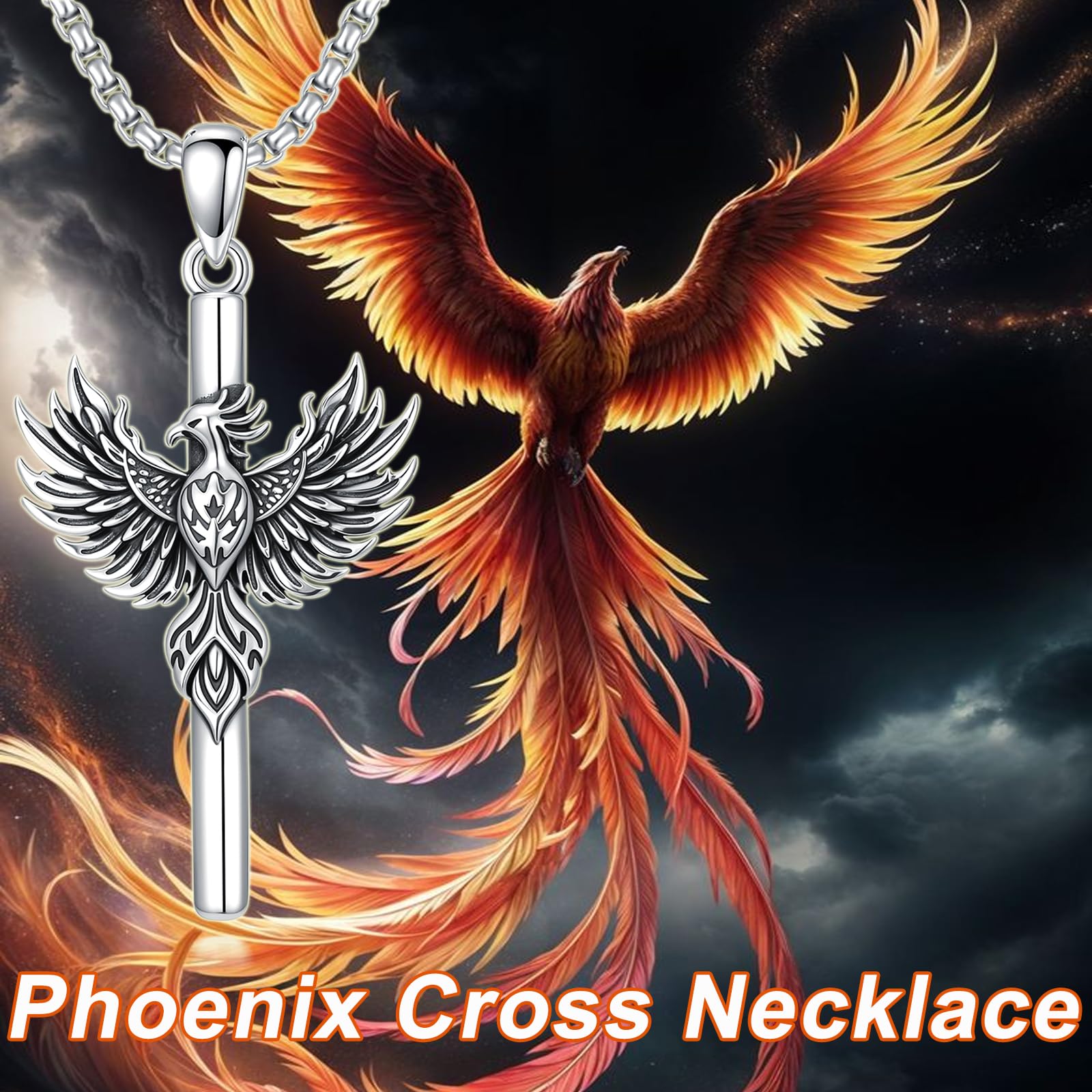 PELOVNY Phoenix Necklace 925 Sterling Silver Shield/Sword/Crystal/Tarot Card/Dog Tag/Cross/Abalone/Axe Pendant Rising Bird Jewelry for Anniversary Birthday Christmas Gifts Men Women