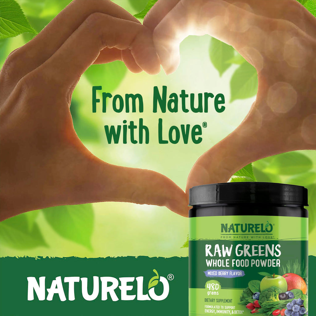 NATURELO Raw Greens Superfood Powder - Unsweetened - Boost Energy, Detox, Enhance Health - Organic Spirulina - Wheat Grass - Whole Food Nutrition from Fruits & Vegetables - 240 Grams