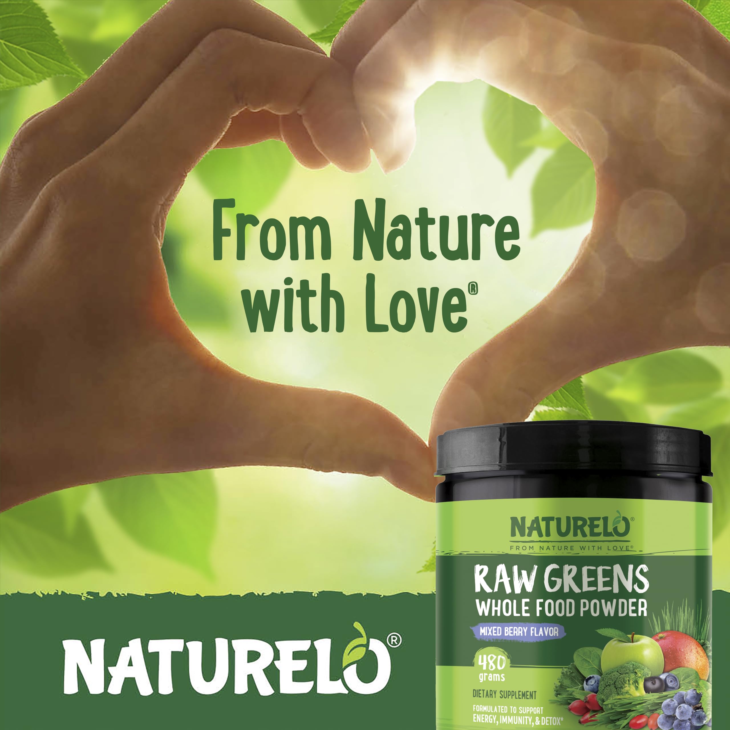 NATURELO Raw Greens Superfood Powder - Unsweetened - Boost Energy, Detox, Enhance Health - Organic Spirulina - Wheat Grass - Whole Food Nutrition from Fruits & Vegetables - 240 Grams