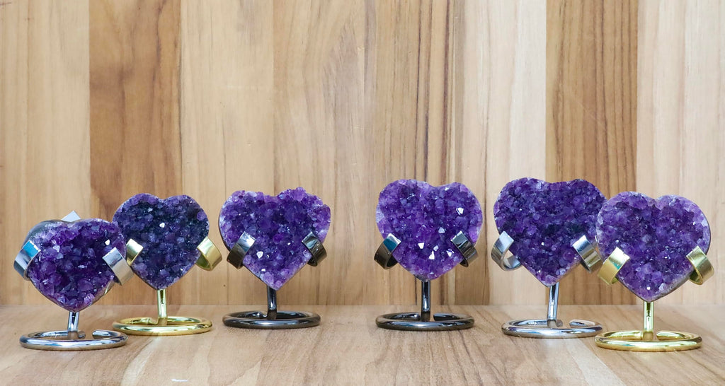 Hand-carved Amethyst Heart Cluster with Stand, Natural Raw Crystal Heart Stone 1–7 Inch tall (50g–1200g), Reiki Healing Gemstone, Love, spiritual Valentine Gift. (200-350 Grams-1.5 to 2.5" tall)