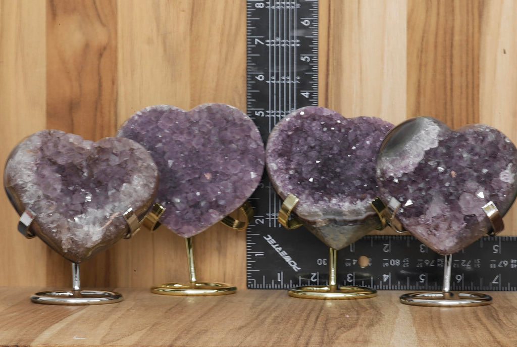 Hand-carved Amethyst Heart Cluster with Stand, Natural Raw Crystal Heart Stone 1–7 Inch tall (50g–1200g), Reiki Healing Gemstone, Love, spiritual Valentine Gift. (200-350 Grams-1.5 to 2.5" tall)