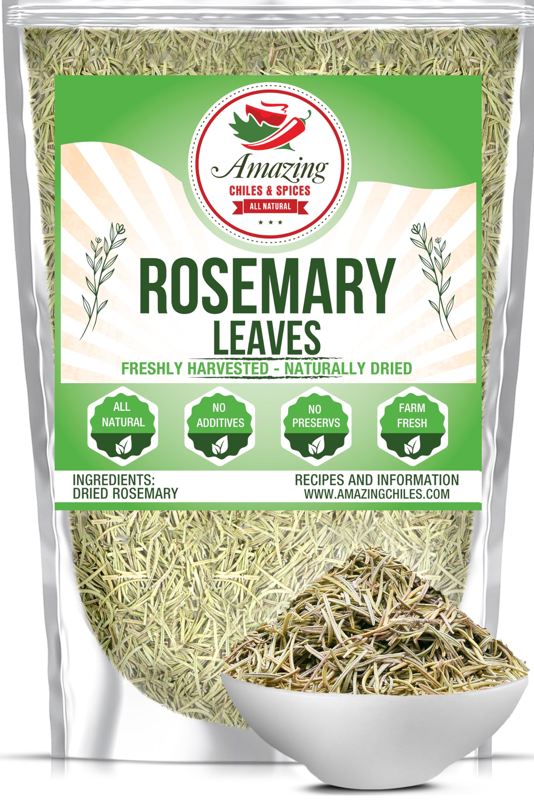 Dried Rosemary Leaves, 12 oz Premium All Natural Herbs and Spices for Meat, Fish, Oils, Dips, Tea. Farm Fresh, Rich Savory Flavor by Amazing Chiles & Spices