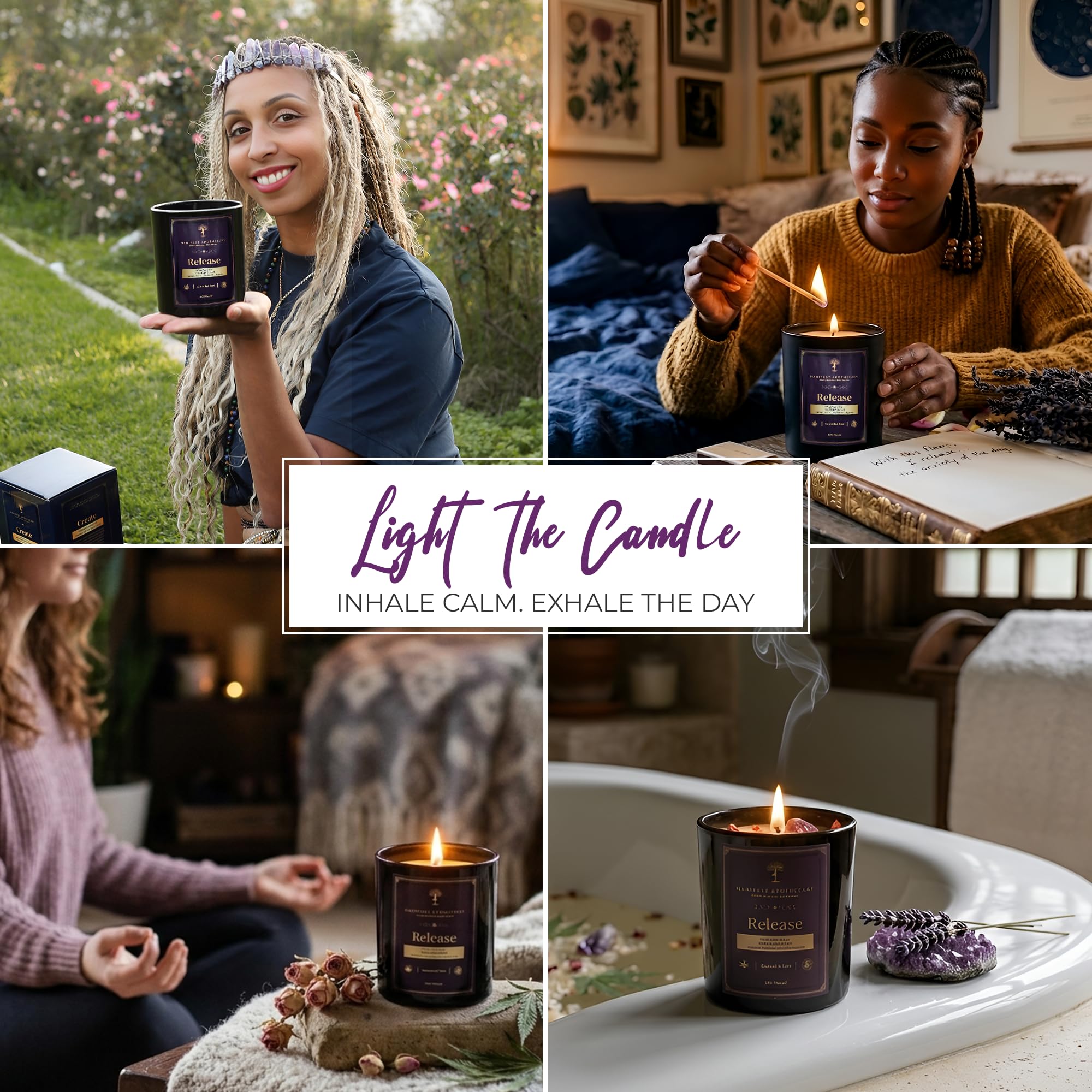 Aromatherapy Scented Candle for Women & Men - Infused with Rose Petals, Cannabis, & Amethyst Crystals - 100% Cotton Wick, 50 Hrs Burn Time & 10.5 Oz Hand-Poured Soy Candle for Relaxation & Mindfulness