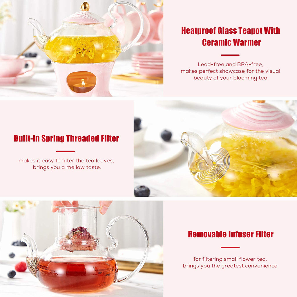 DUJUST 21 pcs Small Tea Set of 6, Pink Marble Set, Handcraft Golden Trim, Porcelain Tea Pot Set for Kids&Adults, 1 Glass Teapot(22oz), 6 Cups(4oz), 6 Saucers, 6 Spoons, 1 Shelf&1 Warmer