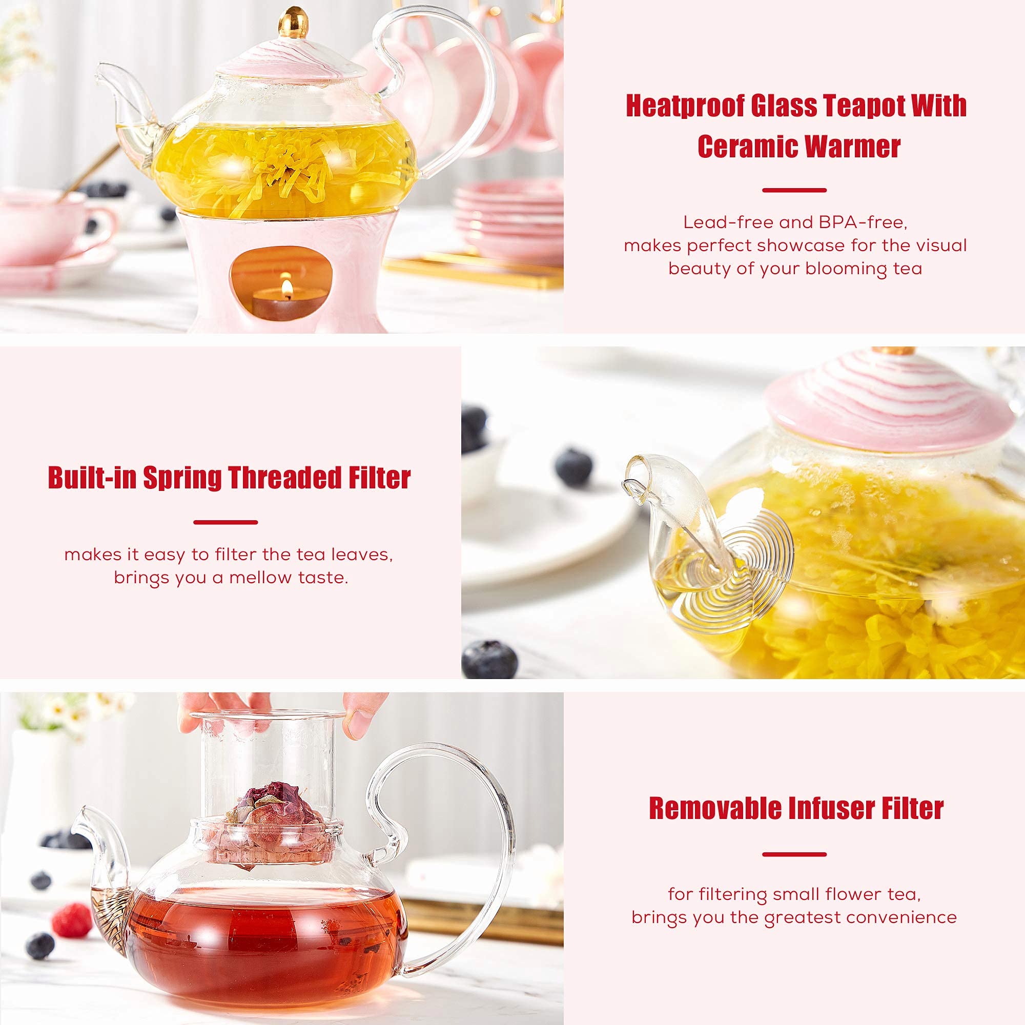 DUJUST 21 pcs Small Tea Set of 6, Pink Marble Set, Handcraft Golden Trim, Porcelain Tea Pot Set for Kids&Adults, 1 Glass Teapot(22oz), 6 Cups(4oz), 6 Saucers, 6 Spoons, 1 Shelf&1 Warmer