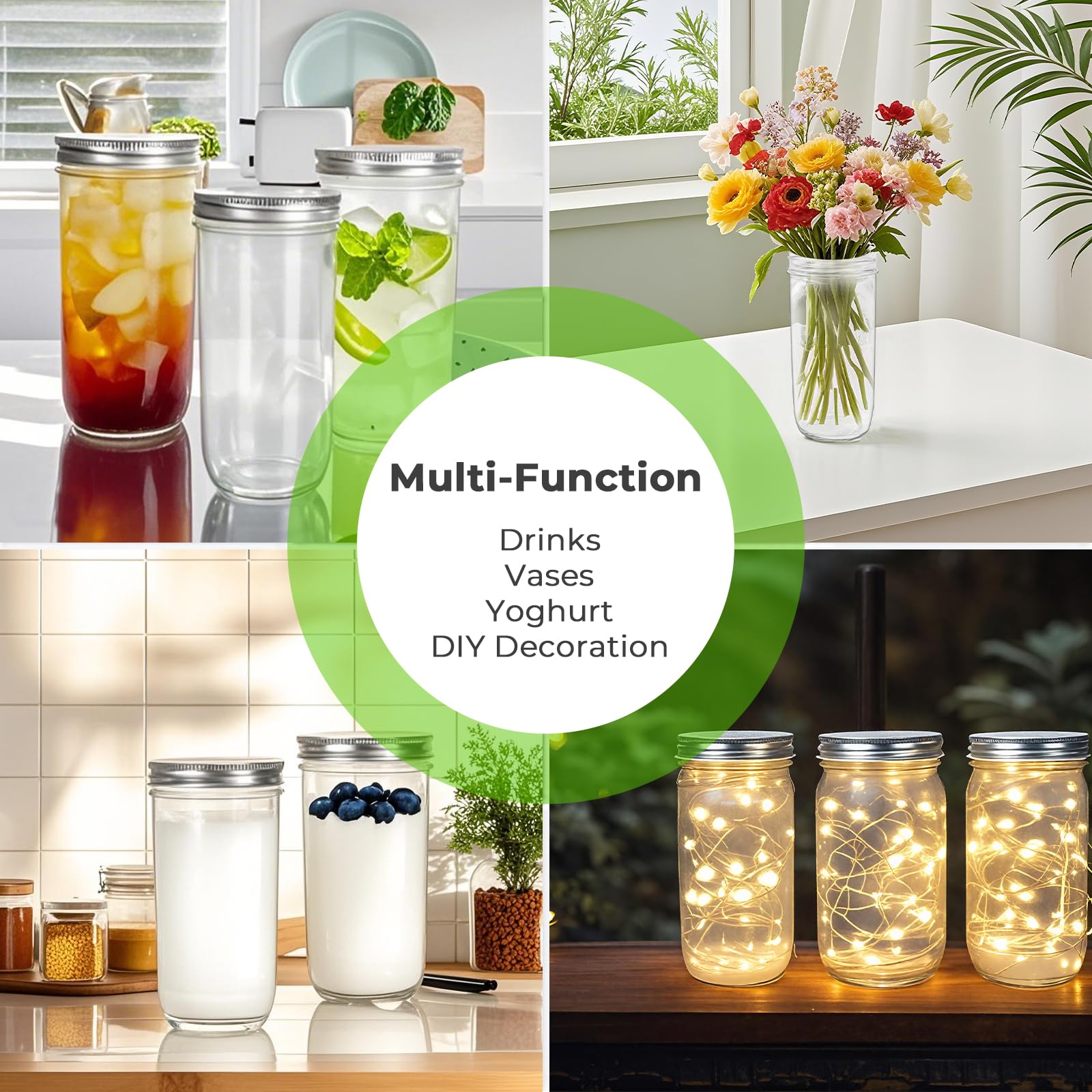 CycleMore 20 Pcs 12oz Glass Mason Jars With Silver Separable Lids, 350ml Round Canning Jars for Honey, Jam, Herb, Wedding Favor, Kitchen Storage Wide Mouth Bottles for Crafts, Meal Prep