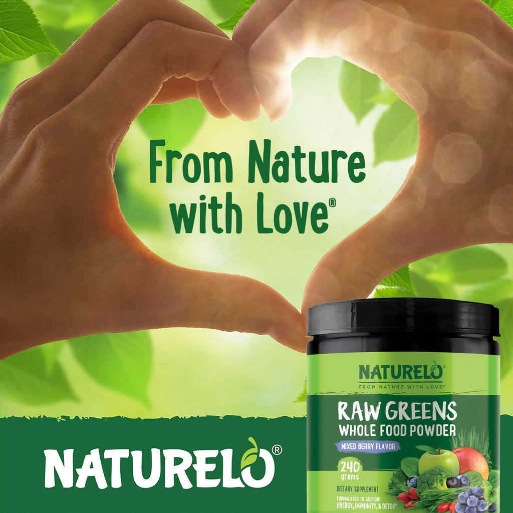 NATURELO Raw Greens Superfood Powder - Unsweetened - Boost Energy, Detox, Enhance Health - Organic Spirulina - Wheat Grass - Whole Food Nutrition from Fruits & Vegetables - 240 Grams