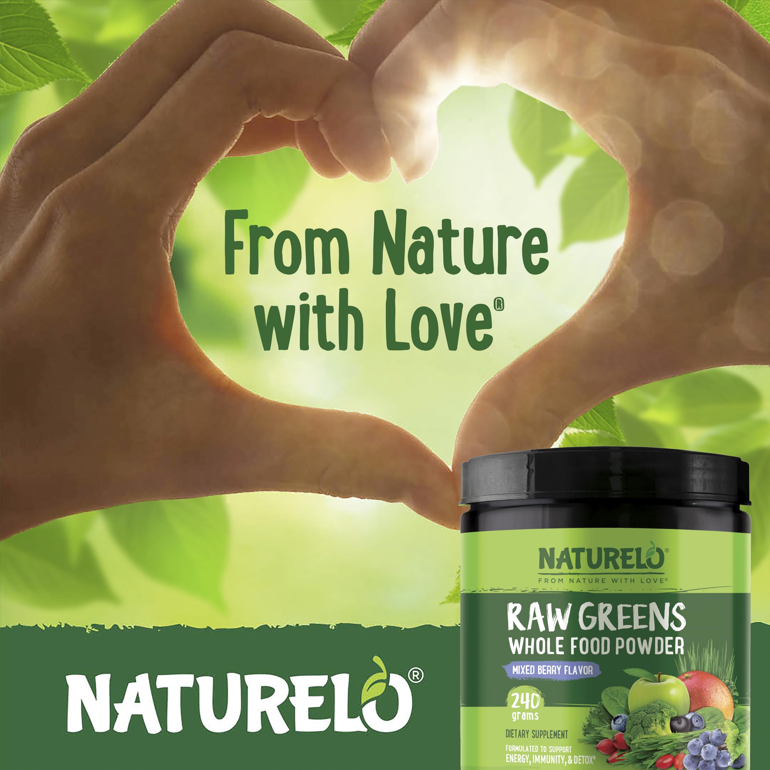 NATURELO Raw Greens Superfood Powder - Unsweetened - Boost Energy, Detox, Enhance Health - Organic Spirulina - Wheat Grass - Whole Food Nutrition from Fruits & Vegetables - 240 Grams