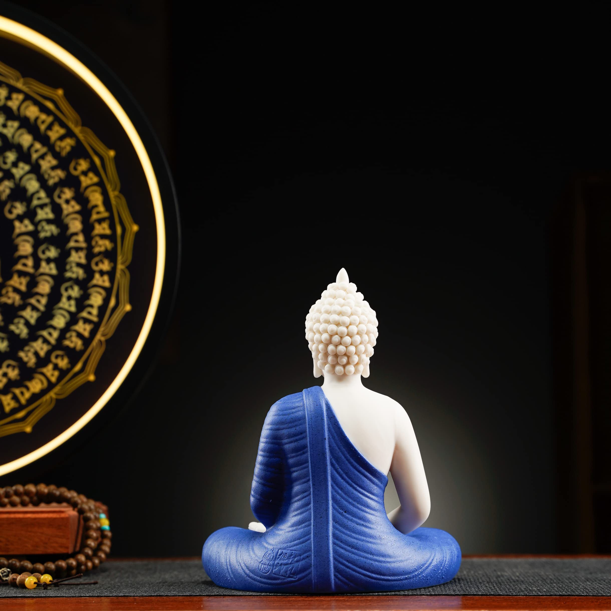 Houlu Yellow Buddha Statue and Circle LED Table Lamp, Ceramic Buddha Statue for Home Décor
