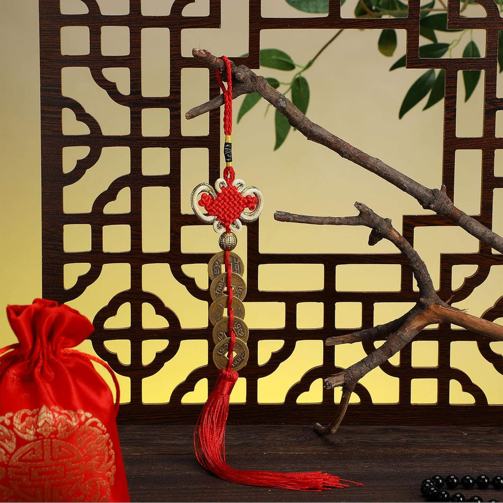 3 Pieces Feng Shui Frog Chinese Knot Lucky Coins Feng Shui Brass Wu Lou with Coins Keychain for Longevity Travel Safely Wealth Success and Good Luck with 1 Blessing Card and 1 Red Blessing Bag