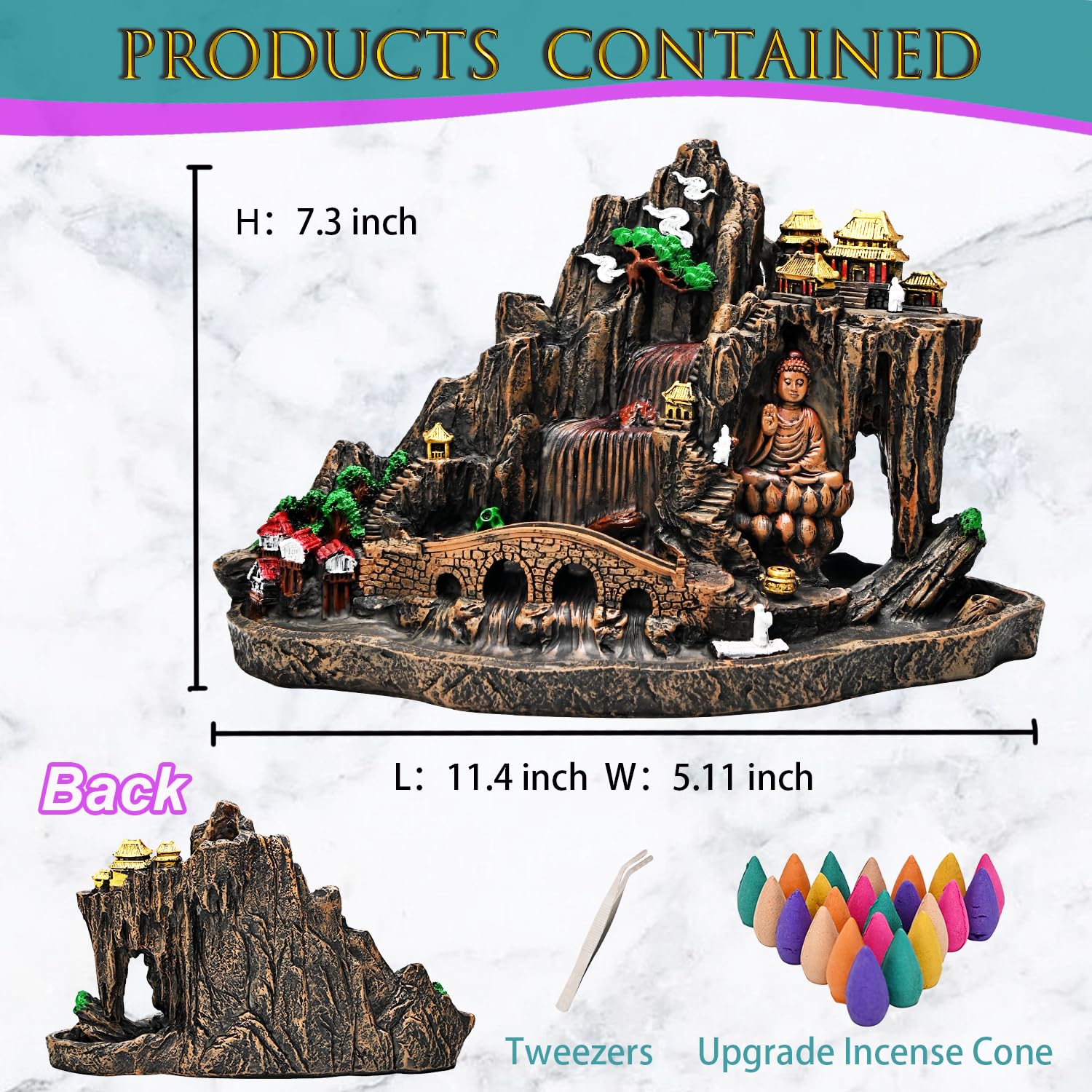 Mountain Waterfall Incense Burner，Backfall Incense Holder River, Incense Falls Meditation Decor for Room with Upgrade Incense Cones and Accessories (5in1 Palo Santo)