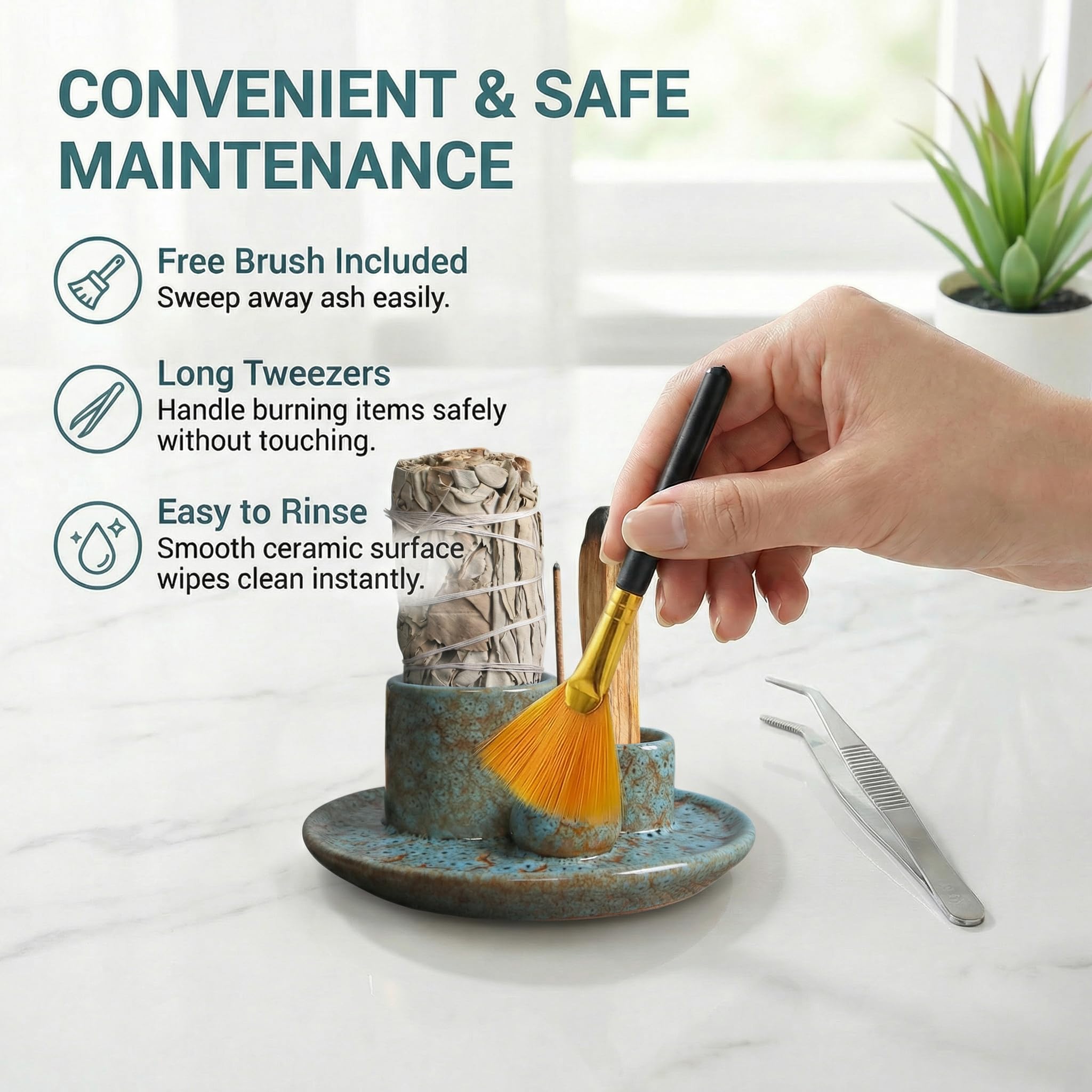 Handmade Ceramic Incense Burner for Palo Santo Incense Sticks, 4 in 1 Multi-Purpose Sage Holder for Burning, Ash Catcher Tray for Meditation Yoga Room (Golden)