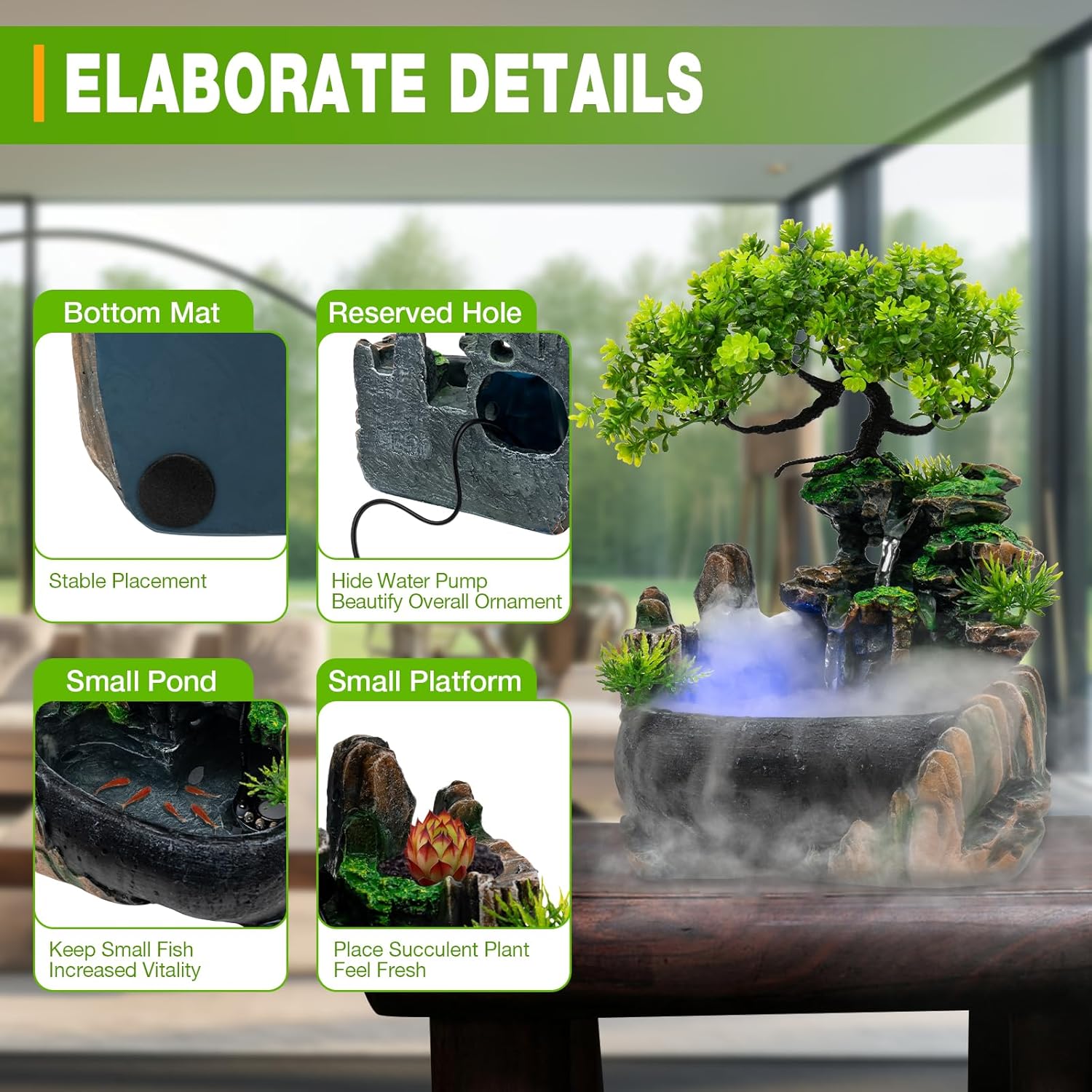 Desktop Fountain Waterfall Humidifier Atomizing, with Color LED Light & ON/Off Switch, Indoor Relaxation for Office Desk Decor FengShui