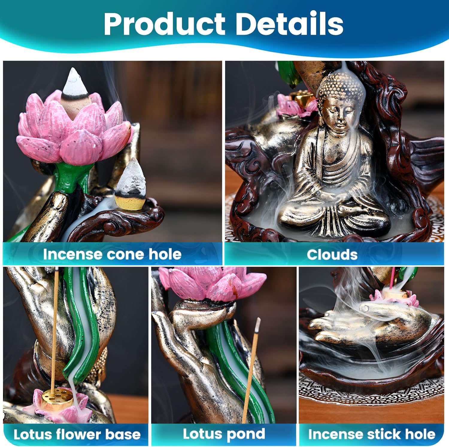 Mountain Waterfall Incense Burner，Backfall Incense Holder River, Incense Falls Meditation Decor for Room with Upgrade Incense Cones and Accessories (5in1 Palo Santo)
