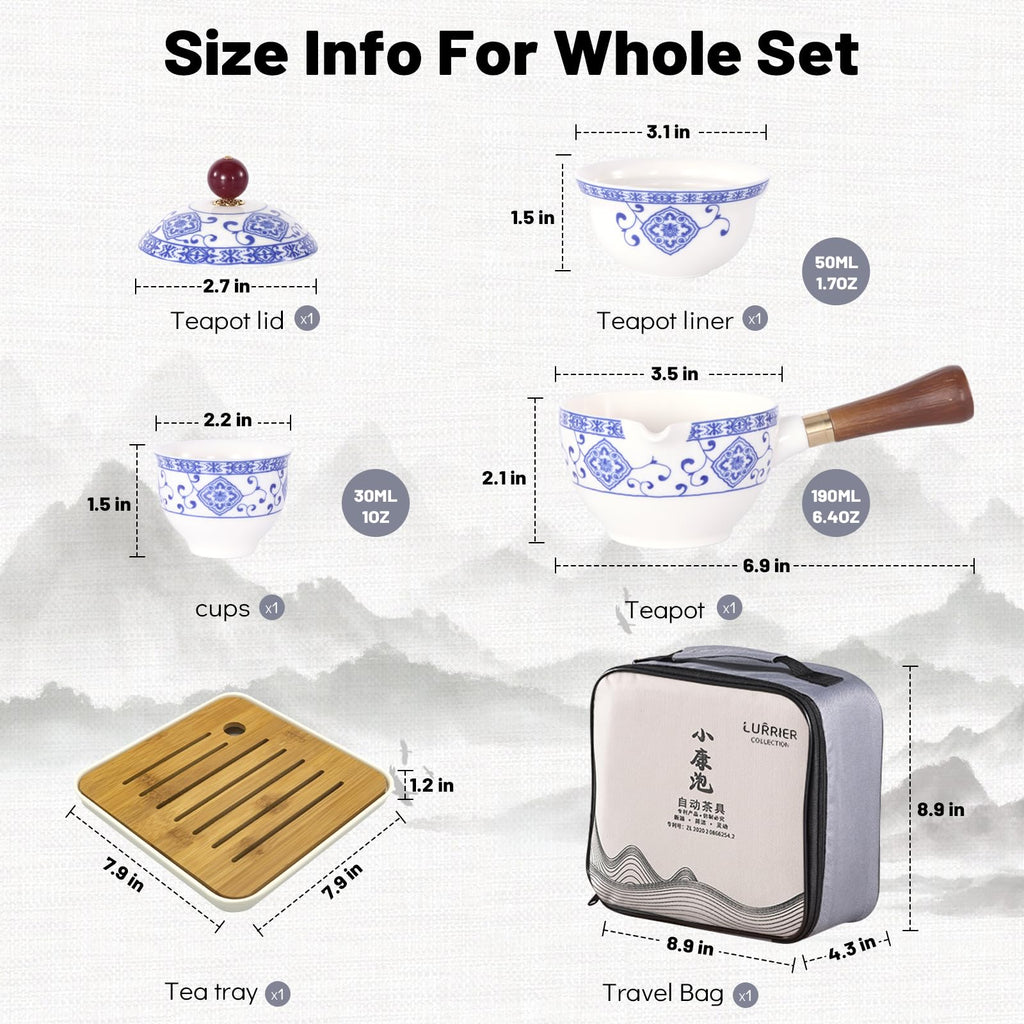 LURRIER Porcelain Chinese Gongfu Tea Set,Portable Teapot Set with 360 Rotation Tea maker and Infuser,Portable All in One Gift Bag for Travel,Home,Gifting,Outdoor and Office (Sakura)
