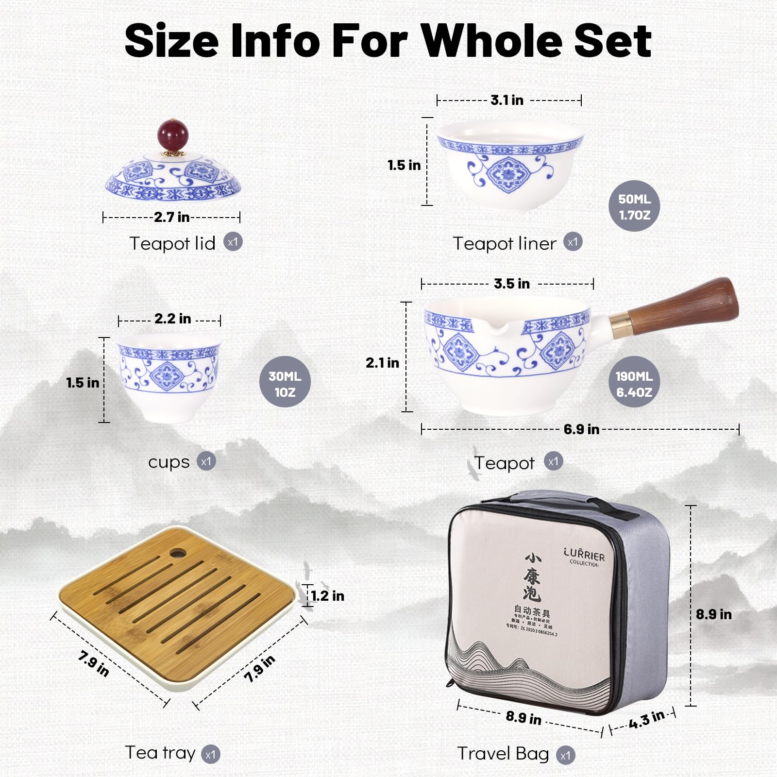 LURRIER Porcelain Chinese Gongfu Tea Set,Portable Teapot Set with 360 Rotation Tea maker and Infuser,Portable All in One Gift Bag for Travel,Home,Gifting,Outdoor and Office (Sakura)