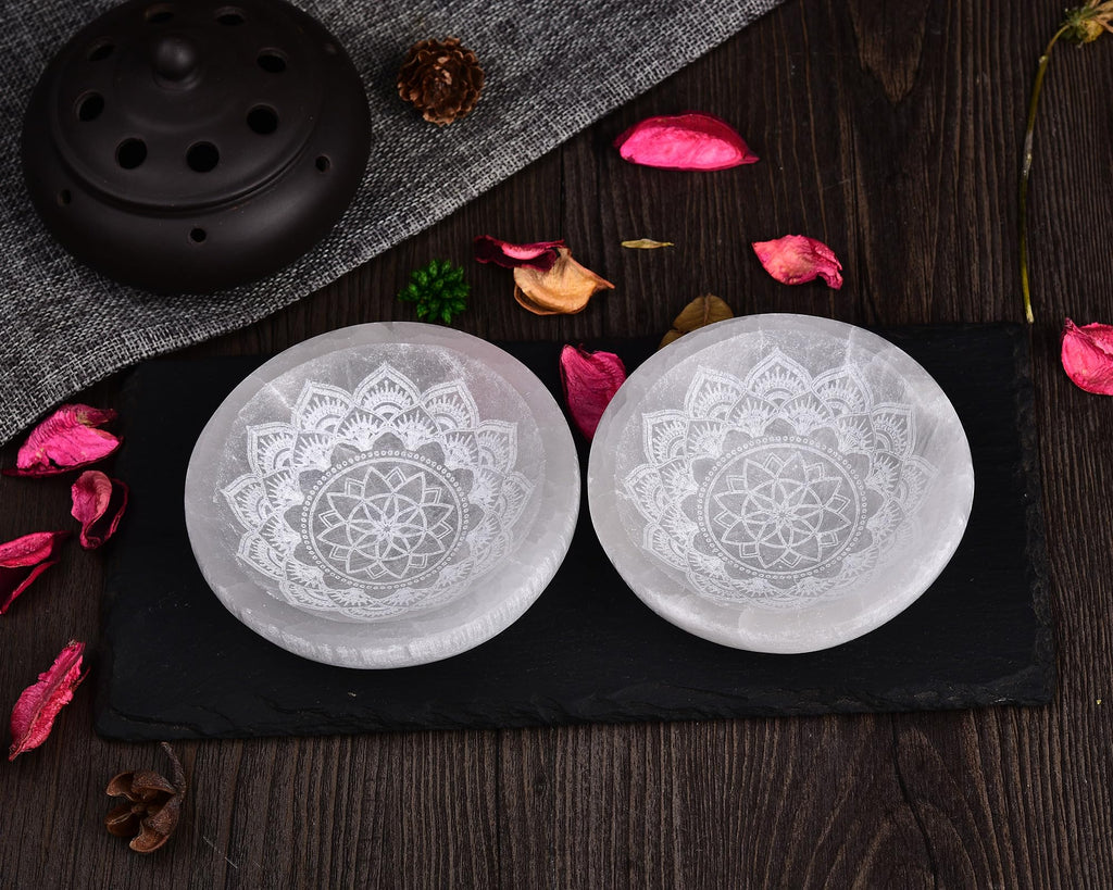 AMOYSTONE Natural Selenite Charging Bowl with Mandala Engraving 3.5-4'' Energy Cleansing Crystal Plate for Healing Meditation and Spiritual Home Decor