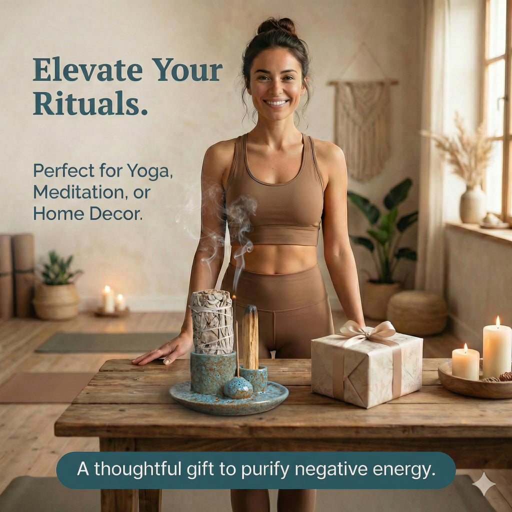 Handmade Ceramic Incense Burner for Palo Santo Incense Sticks, 4 in 1 Multi-Purpose Sage Holder for Burning, Ash Catcher Tray for Meditation Yoga Room (Golden)