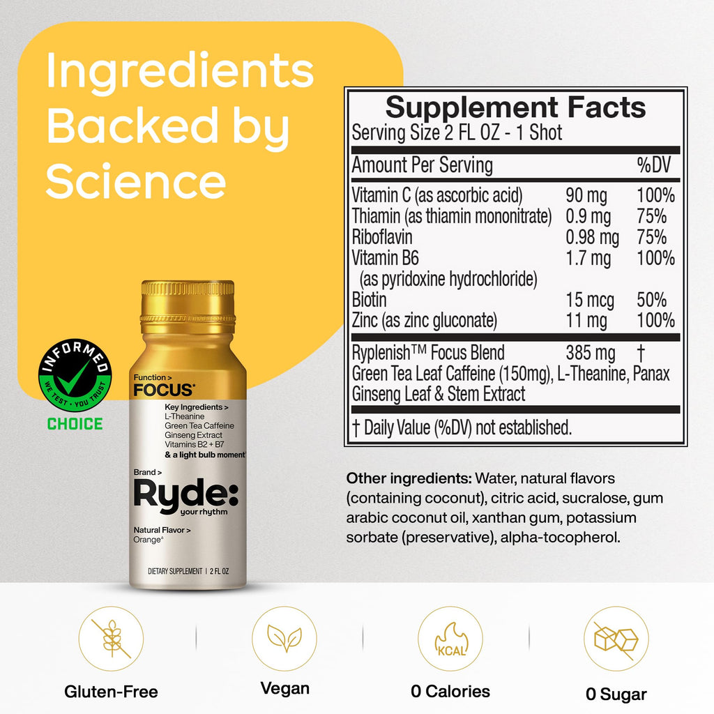 Ryde: Energize Shot | Tropical Flavor | Green Tea Caffeine, Taurine, Ginseng Extract & B Vitamins | 0 Calories, 0 Sugar | 2 FL OZ Shots | Boosts energy* (8 Pack)