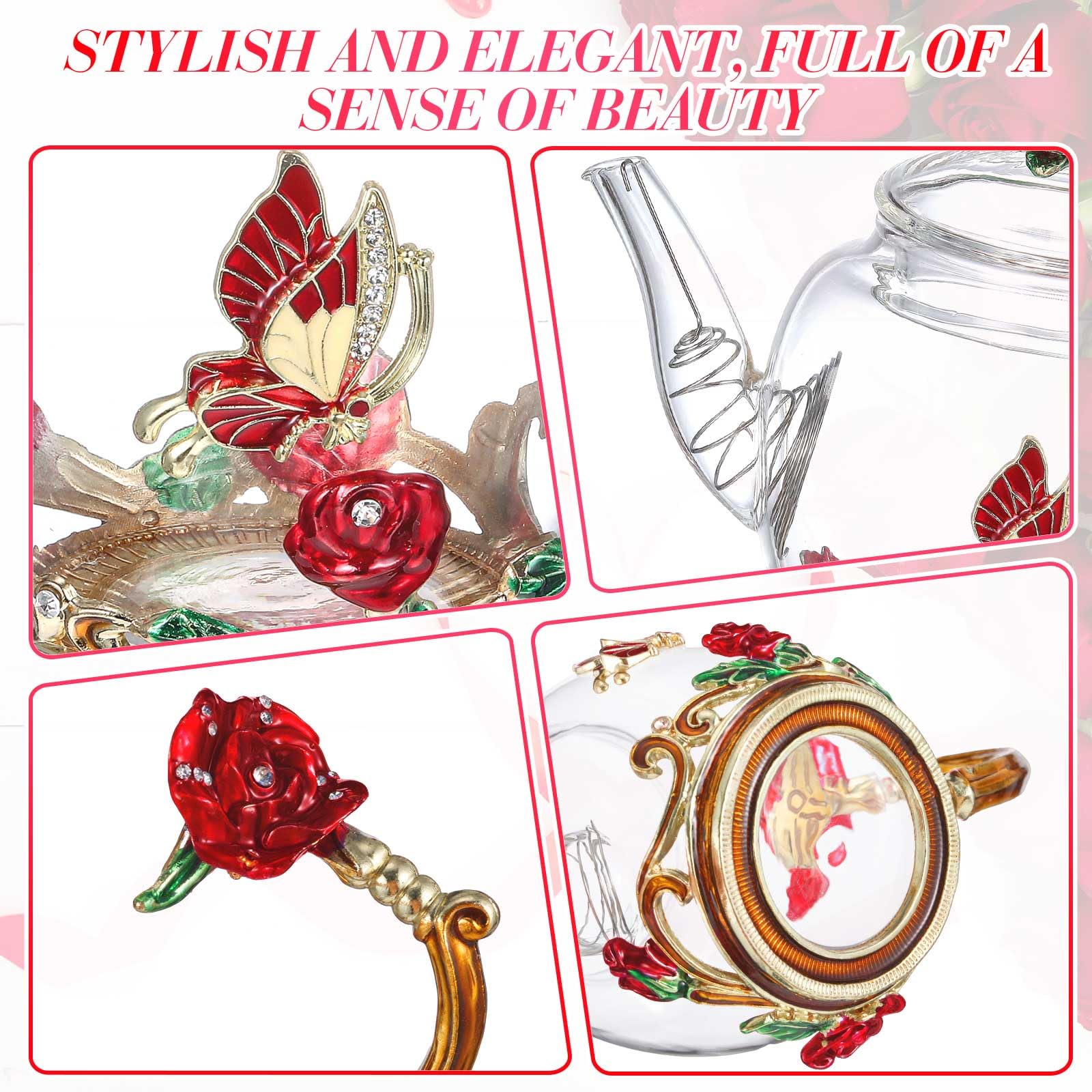 7 Pcs Floral Glass Tea Set for Women 14 oz Butterfly Vintage Teapot Set for Adults Glass Tea Gift for Valentine Spring Party Mother's Day Girlfriend Fancy Pot Cups with Gift Box(Blue)