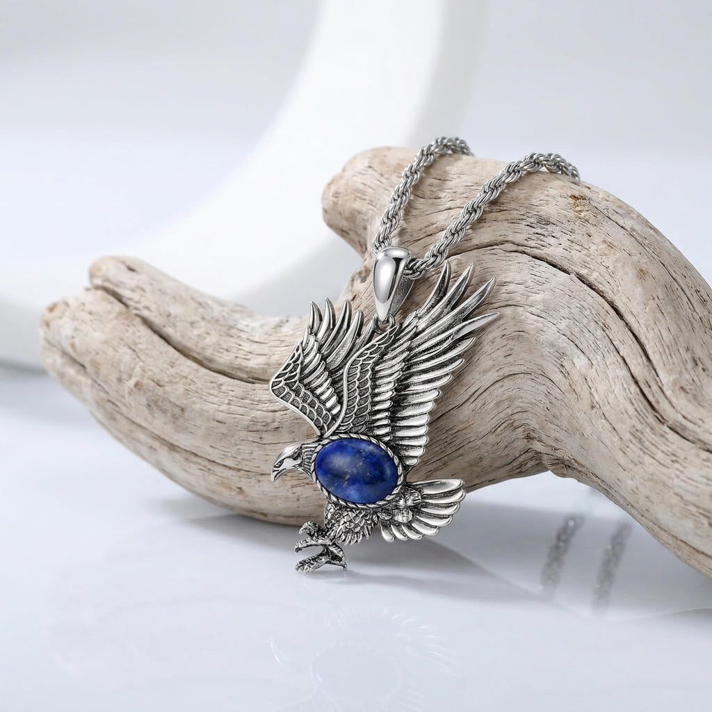 Eagle Necklace for Men 925 Sterling Silver Real Gemstone Vintage Hawk Pendant Western Viking Animal Jewelry Gifts for Father