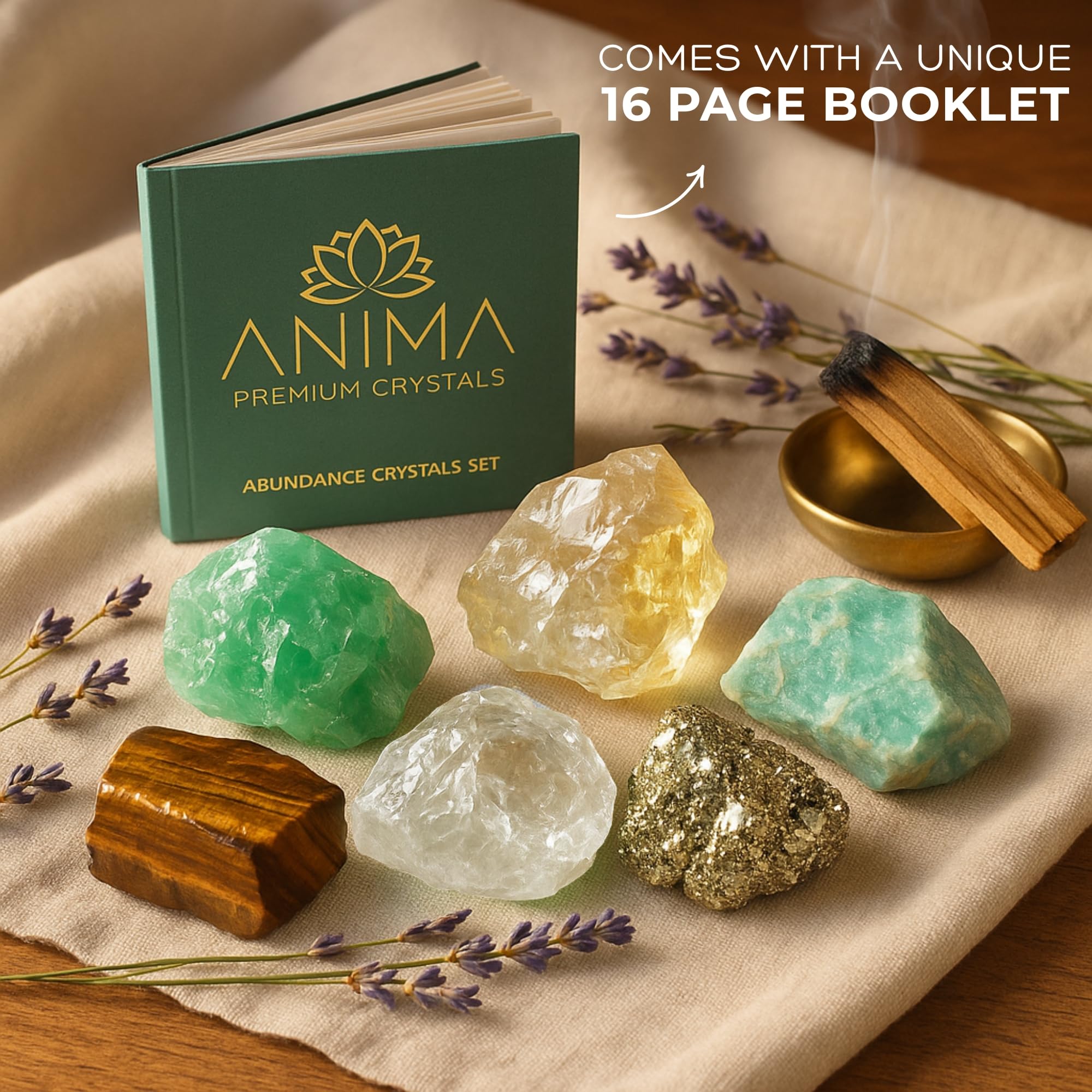 Anima Premium Protection Healing Crystals Set for Energy Shielding - Large Raw Obsidian, Black Tourmaline, Labradorite, Smoky Quartz & Selenite Bar - Wooden Gift Box and Guide Booklet Included
