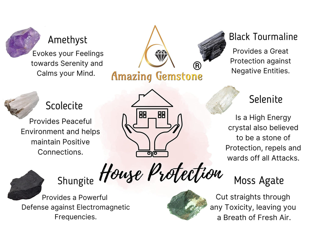 Amazing Gemstone Crystals for House Protection Manifestation, Set of 6 Amethyst, Scolecite, Shungite, Black Tourmaline, Selenite and Moss Agate Healing Crystals and Stones