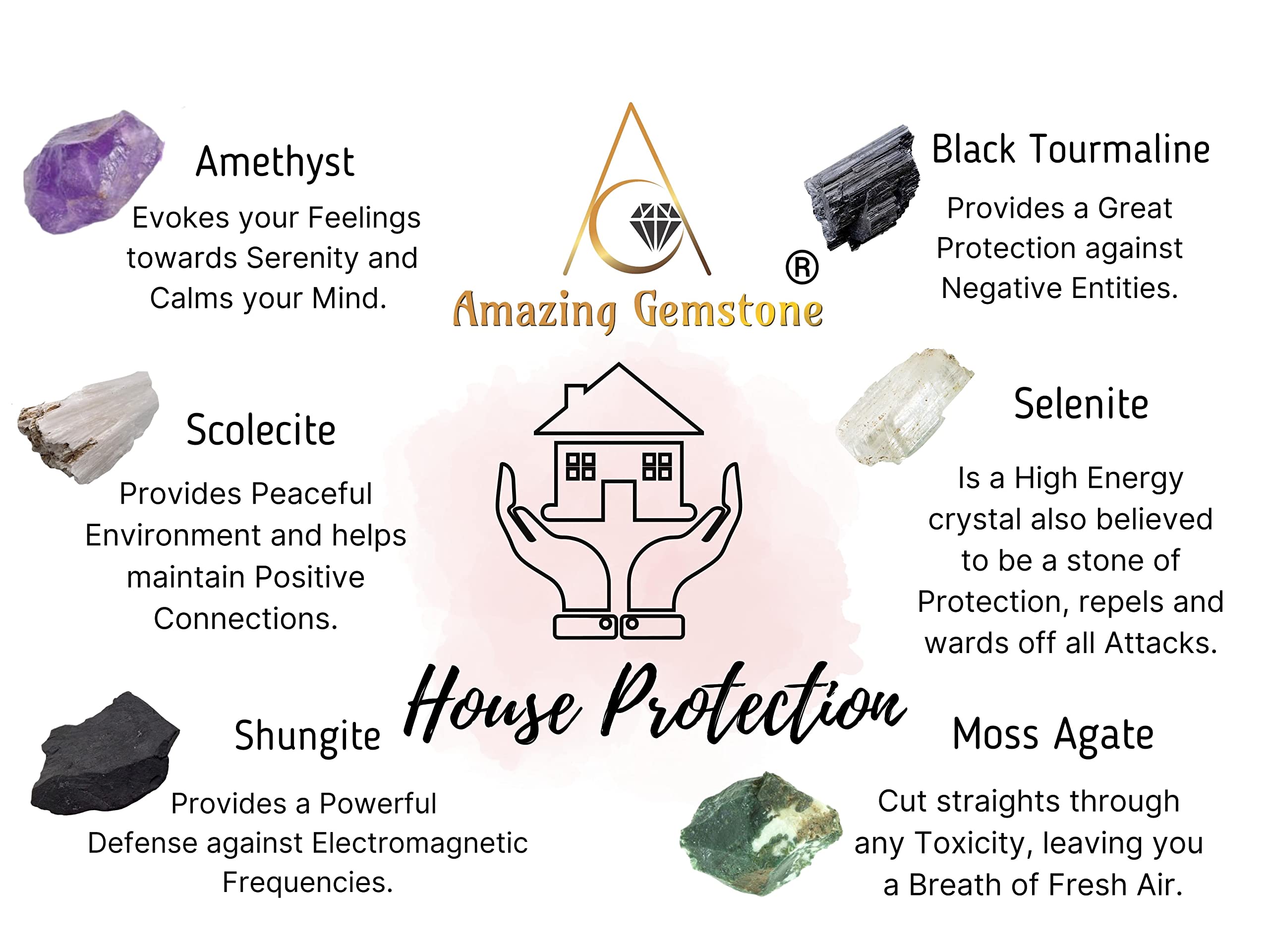 Amazing Gemstone Crystals for House Protection Manifestation, Set of 6 Amethyst, Scolecite, Shungite, Black Tourmaline, Selenite and Moss Agate Healing Crystals and Stones