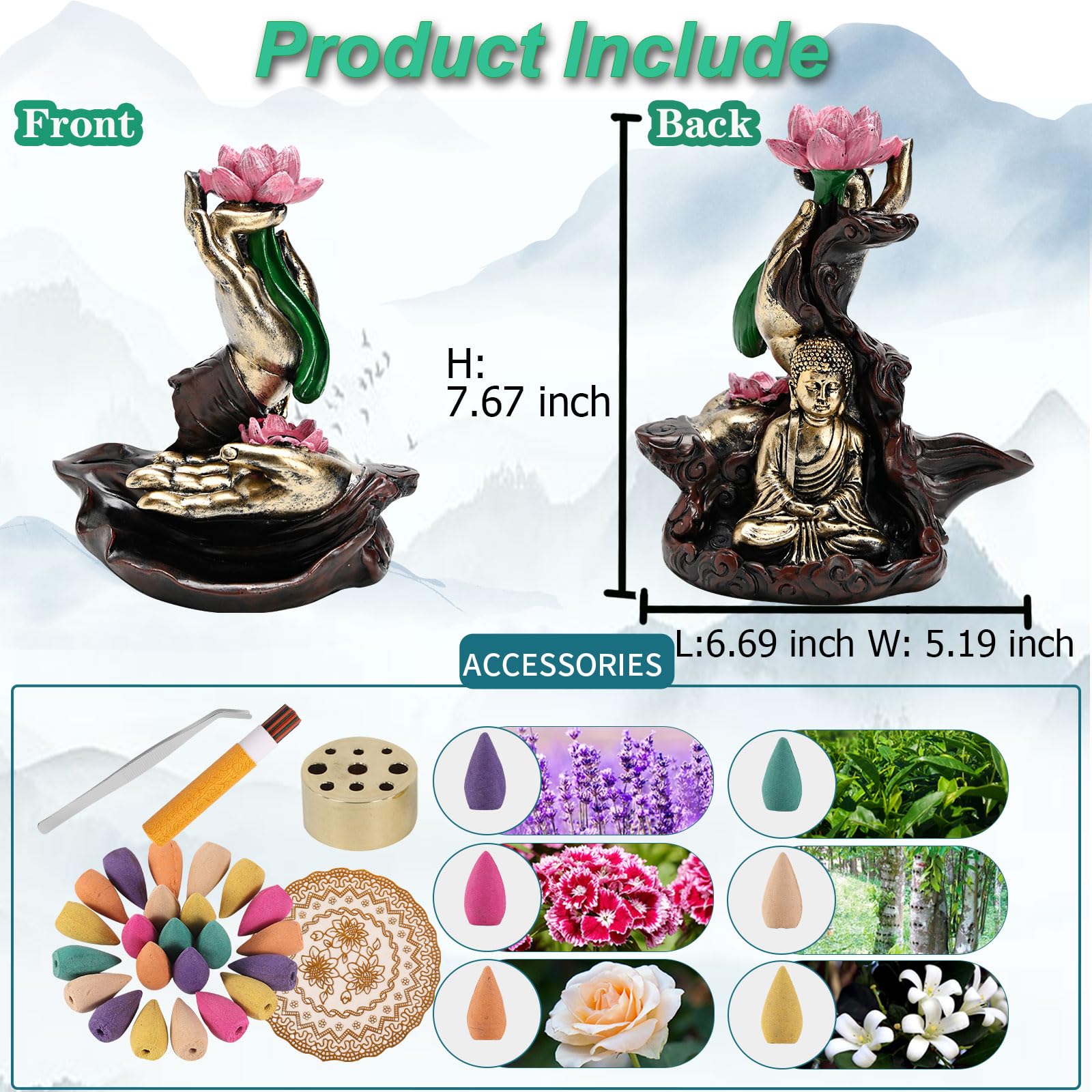 Mountain Waterfall Incense Burner，Backfall Incense Holder River, Incense Falls Meditation Decor for Room with Upgrade Incense Cones and Accessories (5in1 Palo Santo)