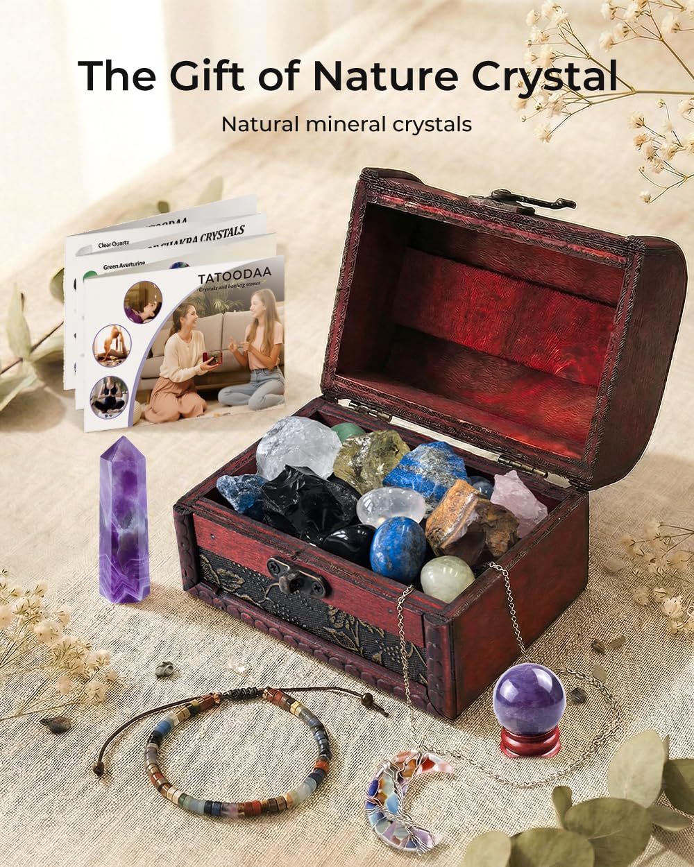 Crystals and Healing Stones, 9 Pcs Healing Crystals Set, 7 Chakra Crystal Stones Set Real Natural Selenite Pyramid Reiki Raw Rock Energy Protection Meditation with Wooden Box, Crystal Gifts for Women