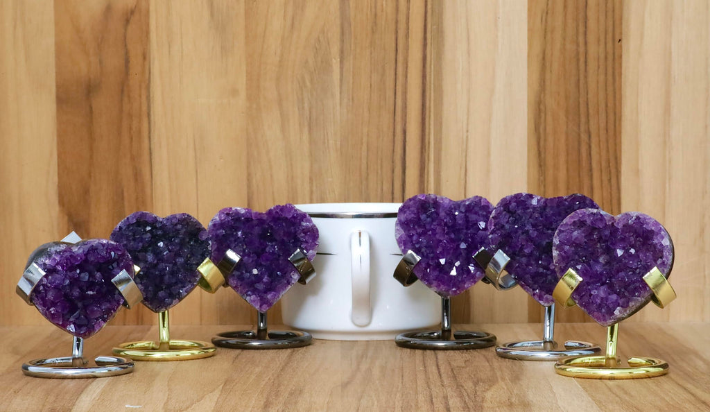 Hand-carved Amethyst Heart Cluster with Stand, Natural Raw Crystal Heart Stone 1–7 Inch tall (50g–1200g), Reiki Healing Gemstone, Love, spiritual Valentine Gift. (200-350 Grams-1.5 to 2.5" tall)