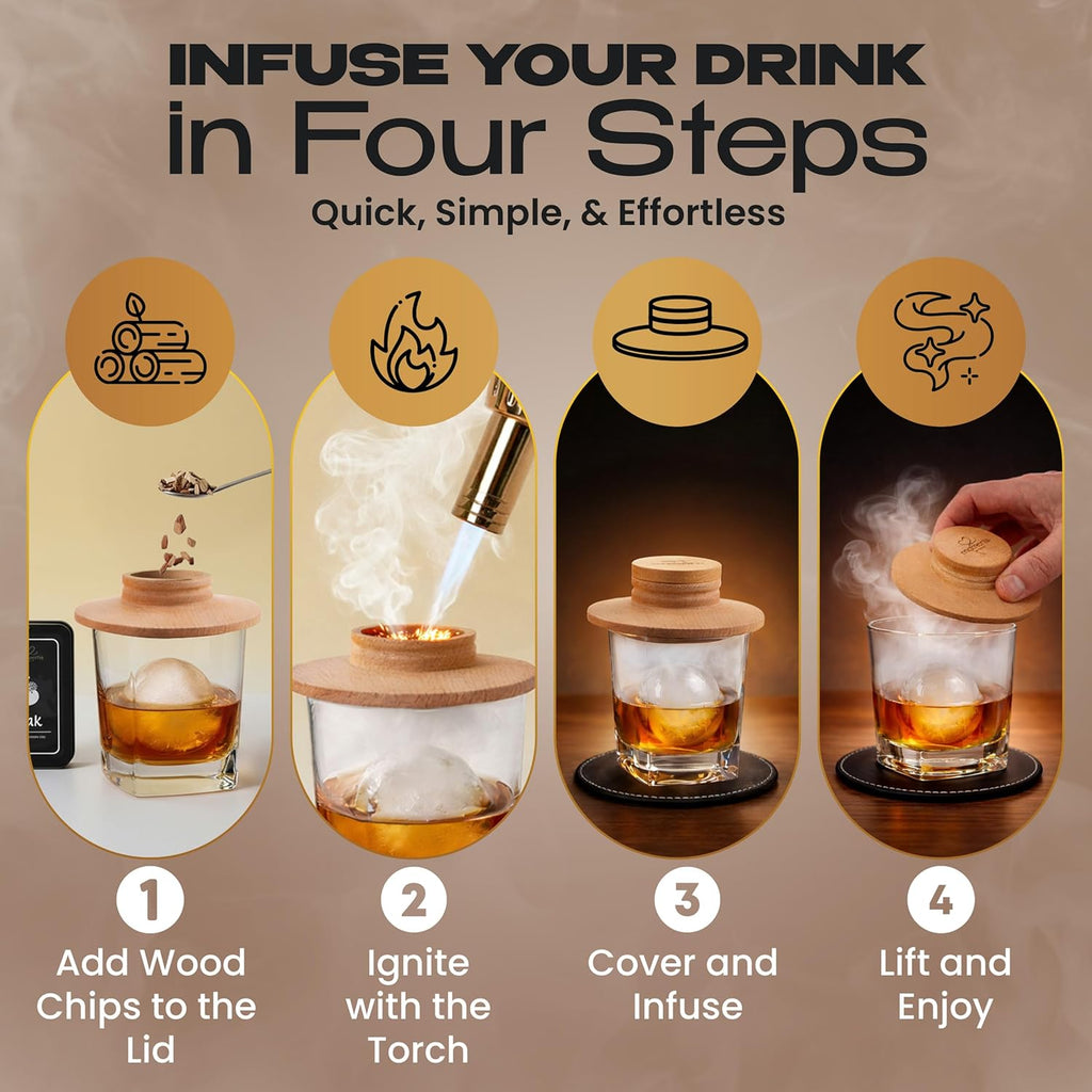 Premium Whiskey Smoker Kit – Wooden Gift Box with Torch, Smoker Lid, Square Glasses, Leather Coasters, 6 Wood Chips with Tray, Whiskey Stones, Ice Molds, Mixing Tools & Instructions