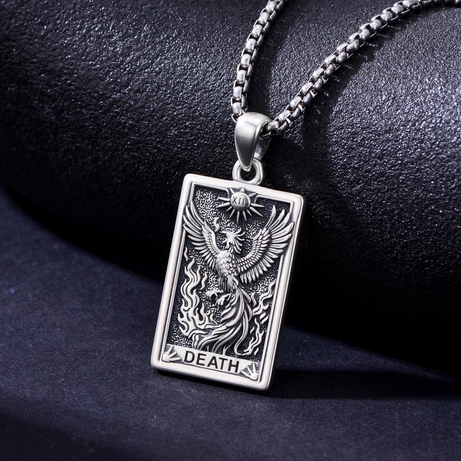 PELOVNY Phoenix Necklace 925 Sterling Silver Shield/Sword/Crystal/Tarot Card/Dog Tag/Cross/Abalone/Axe Pendant Rising Bird Jewelry for Anniversary Birthday Christmas Gifts Men Women