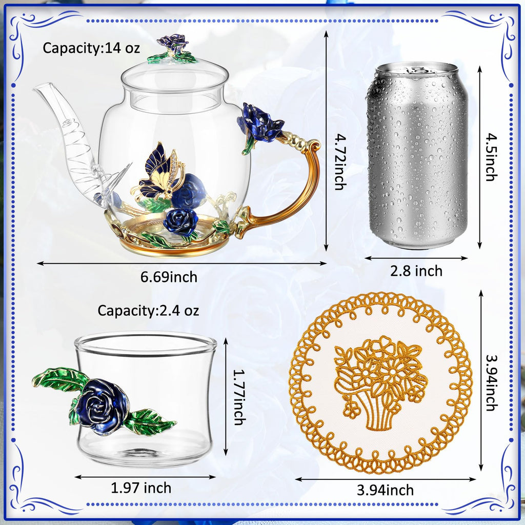 7 Pcs Floral Glass Tea Set for Women 14 oz Butterfly Vintage Teapot Set for Adults Glass Tea Gift for Valentine Spring Party Mother's Day Girlfriend Fancy Pot Cups with Gift Box(Blue)