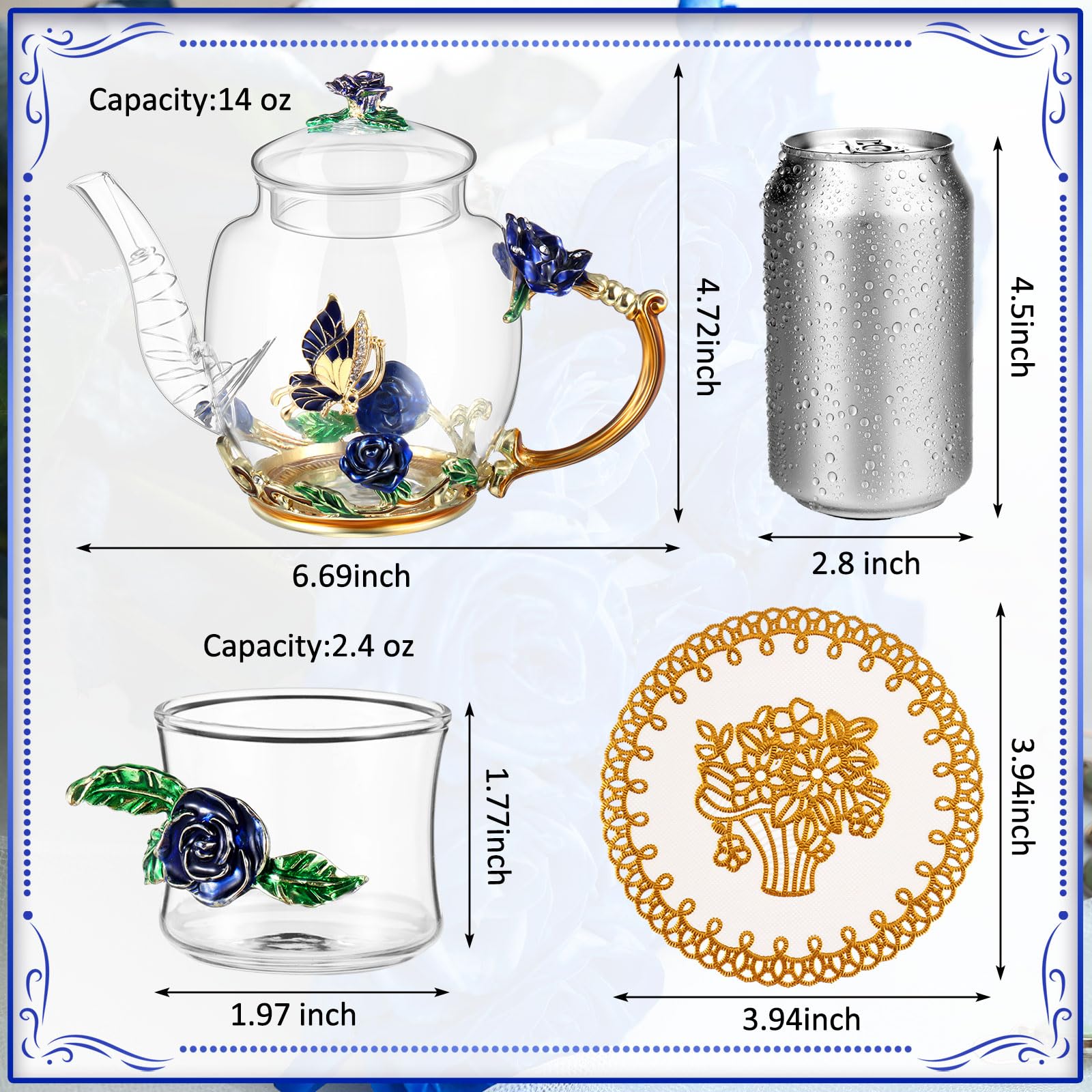 7 Pcs Floral Glass Tea Set for Women 14 oz Butterfly Vintage Teapot Set for Adults Glass Tea Gift for Valentine Spring Party Mother's Day Girlfriend Fancy Pot Cups with Gift Box(Blue)