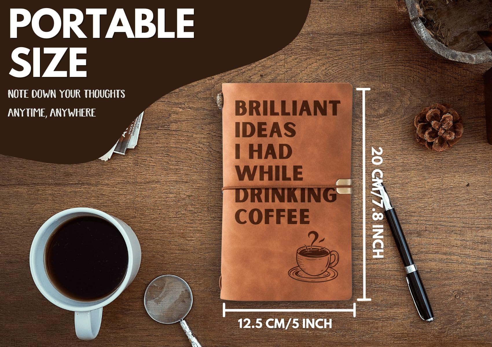InnoBeta Coffee gifts Leather Journal Notebook with Pen, for Coffee Lovers, Men, Women on Birthday, Refillable Sketchbook, Travel Diary, Lined Planner, 7x5 Inches, Brown