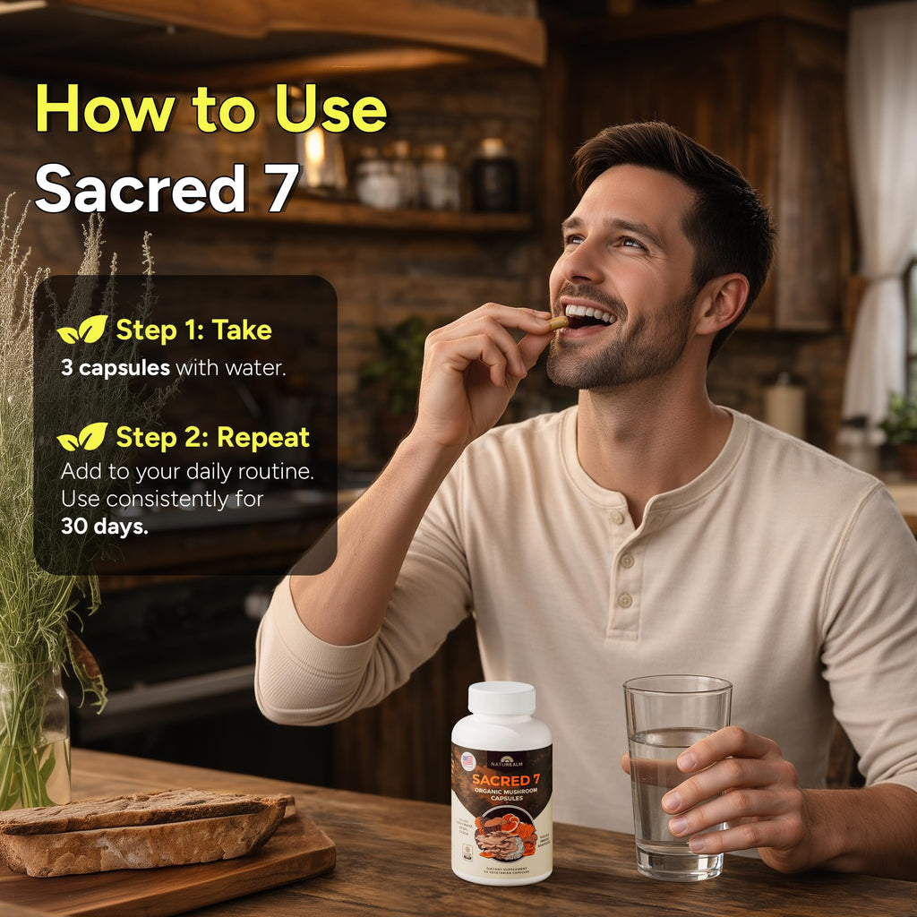 Naturealm Sacred 7 Organic Mushroom Powder Supplement | 7-Month Supply | 7-in-1 Blend with Lions Mane, Reishi, Chaga | Brain & Immune Support | 100% Fruiting Bodies for Coffee & Smoothies