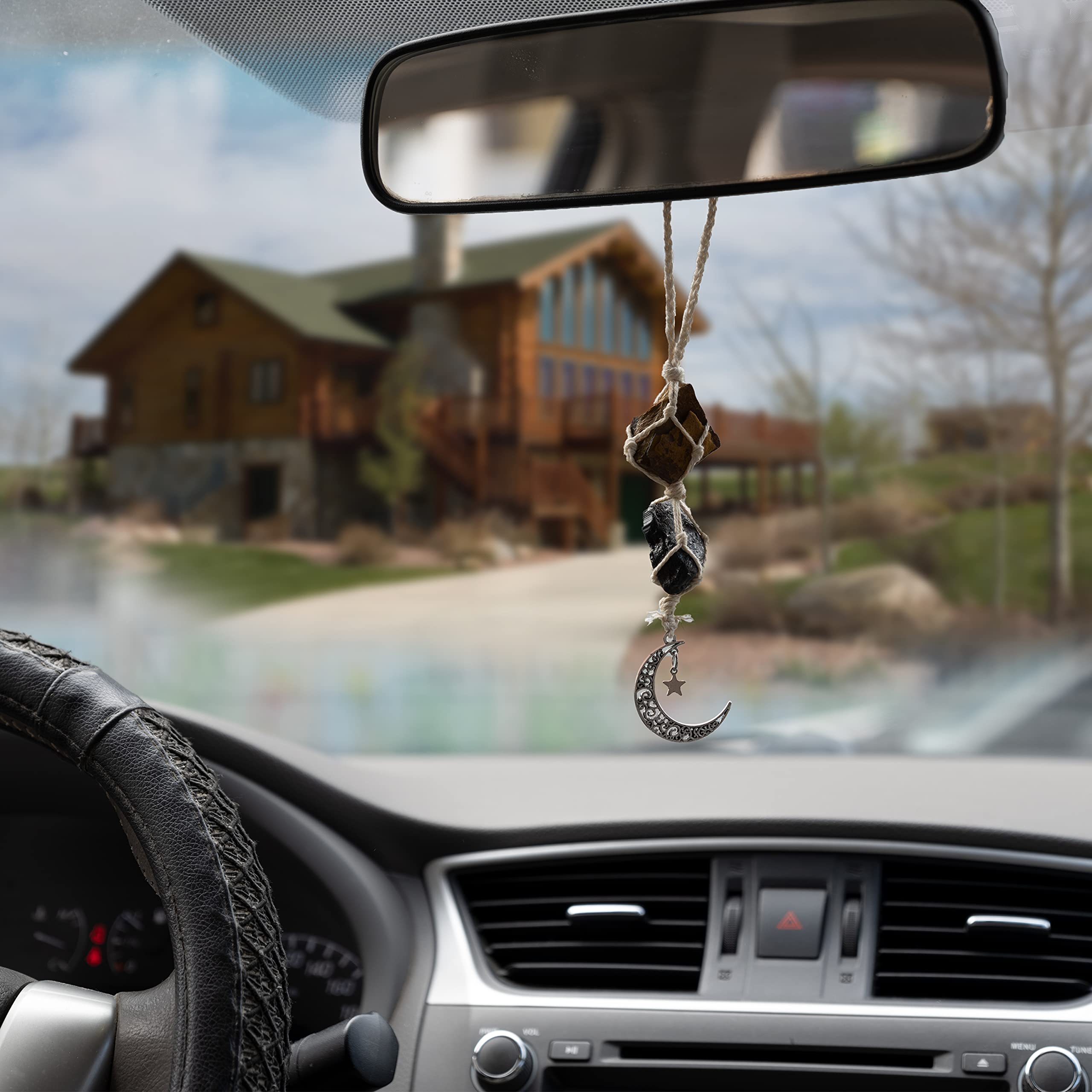 BOHO GARDEN Crystal Hanging Car Charm - Purple Rear View Mirror Hanging Car Accessories for Women, Moon Decor Hanging Ornament, Witchy Gifts and Healing Stones - Rose Quartz & Amethyst