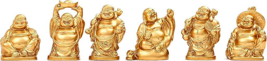 BRABUD Feng Shui 2'' Golden Resin Laughing Buddha Statue Figurines Set of 6 BS019