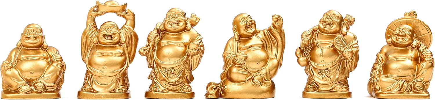 BRABUD Feng Shui 2'' Golden Resin Laughing Buddha Statue Figurines Set of 6 BS019
