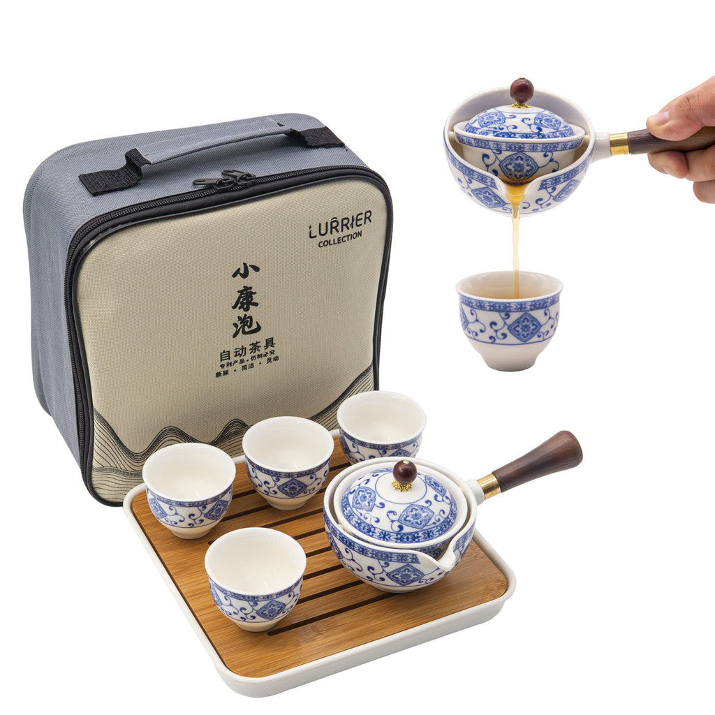 LURRIER Porcelain Chinese Gongfu Tea Set,Portable Teapot Set with 360 Rotation Tea maker and Infuser,Portable All in One Gift Bag for Travel,Home,Gifting,Outdoor and Office (Sakura)