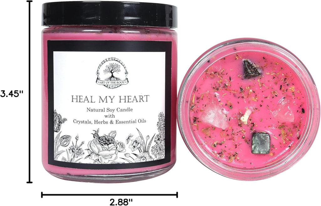 Heal My Heart Soy Affirmation Candle | 9 oz with Rose Quartz & Seraphinite Crystals, Herbs and Essential Oils | Sadness, Loss & Heartache | Wiccan, Pagan, Magick, Spirituality