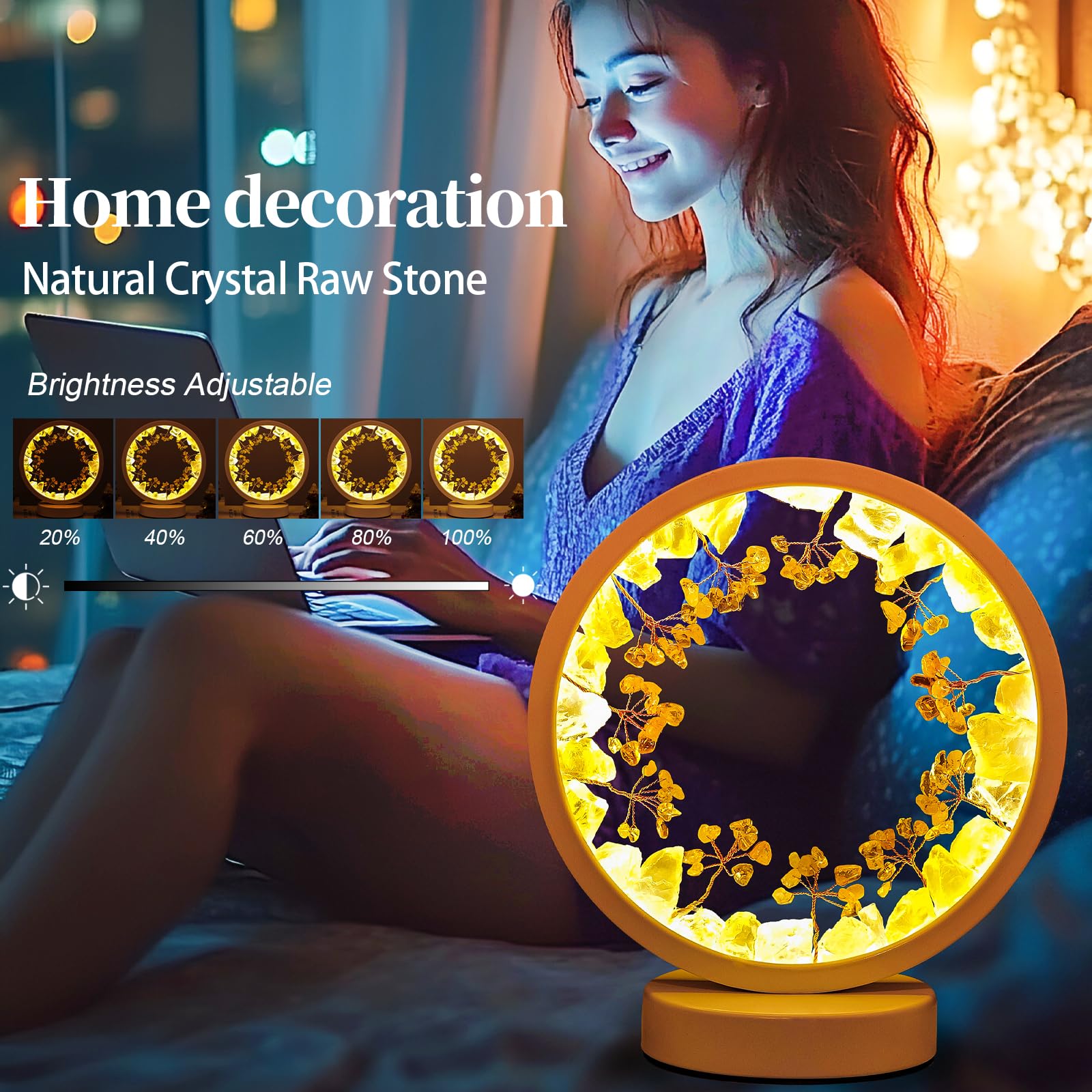 Runyangshi Amethyst Night Lamp 8.6" Natural Healing Crystal Bedside Lamp USB Port 3 Colours Dimming Mode Bedroom Lamp Suitable Night Light for Living Room Bedroom Office Home Decor Ideal Gift