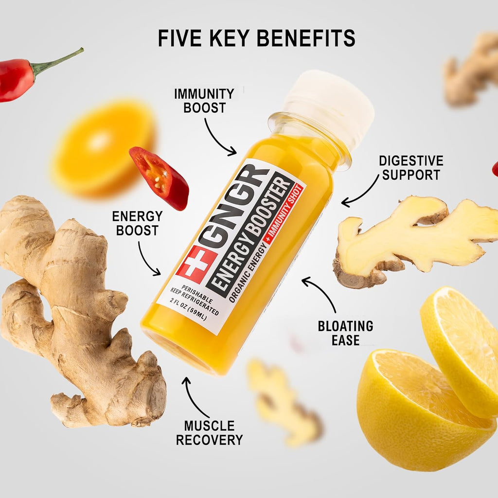 +GNGR Energy Booster – Organic Cold-Pressed Ginger Shot with Turmeric, Green Tea, Orange & Lemon Juice. Natural Energy Shot for Immune and Digestive Support, Nothing Artificial, 2 fl oz (Pack of 12)