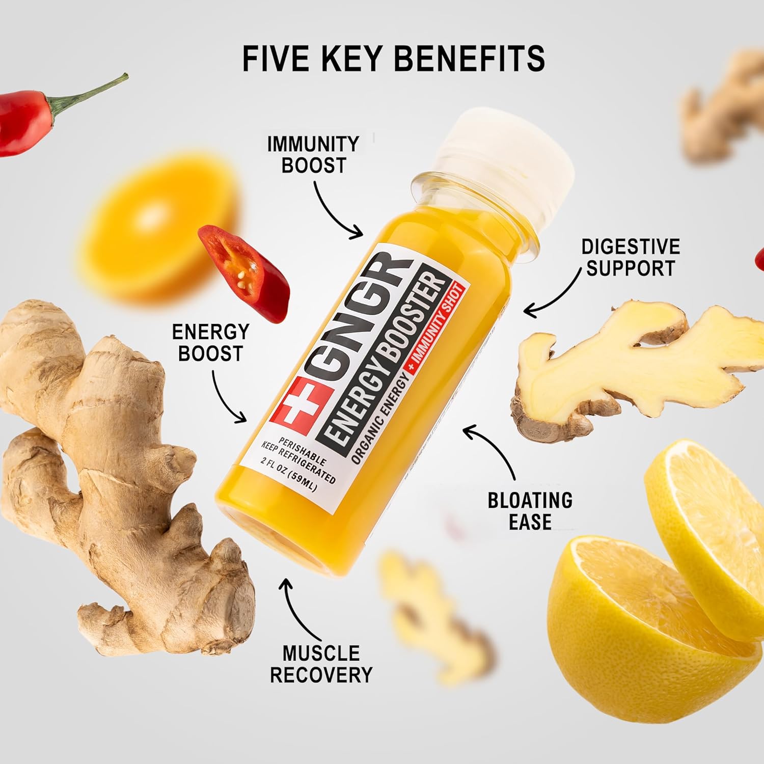 +GNGR Energy Booster – Organic Cold-Pressed Ginger Shot with Turmeric, Green Tea, Orange & Lemon Juice. Natural Energy Shot for Immune and Digestive Support, Nothing Artificial, 2 fl oz (Pack of 12)