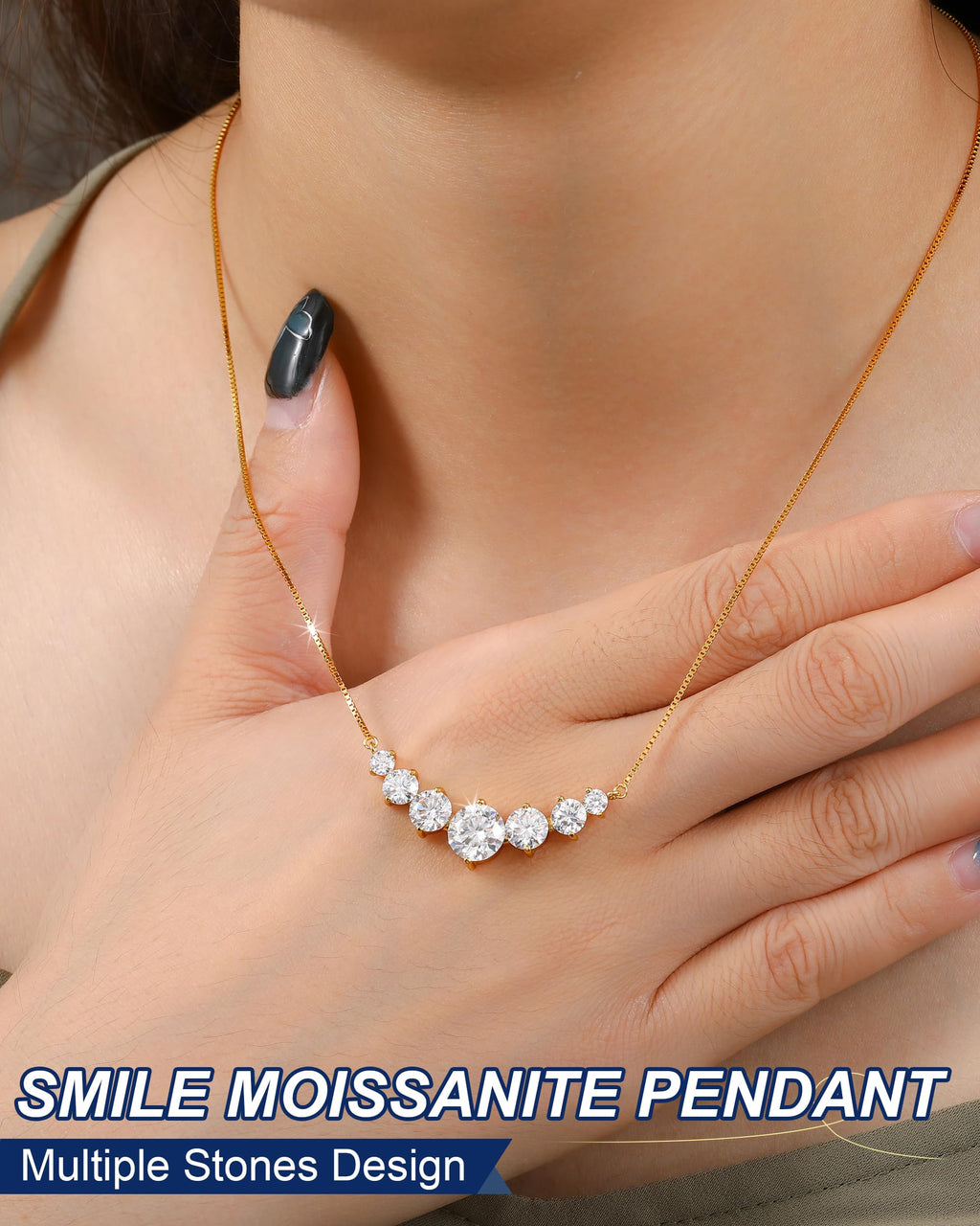 TUHE 7 Stones Moissanite Necklace for Women, 1.7-5.0 Carat Smile Moissanite Pendant Necklace 18k Gold Plated Sterling Silver 16.5+2.5 inch Box Chain Tennis Necklaces with Certificate of Authenticity