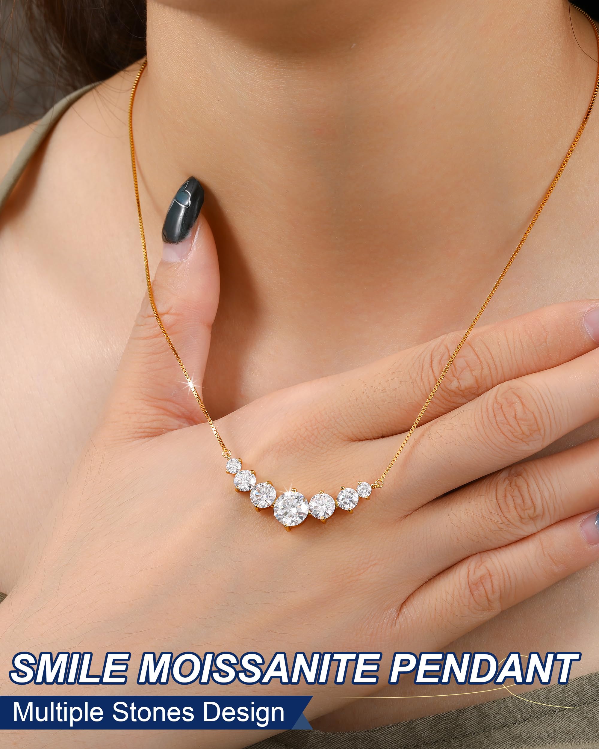TUHE 7 Stones Moissanite Necklace for Women, 1.7-5.0 Carat Smile Moissanite Pendant Necklace 18k Gold Plated Sterling Silver 16.5+2.5 inch Box Chain Tennis Necklaces with Certificate of Authenticity