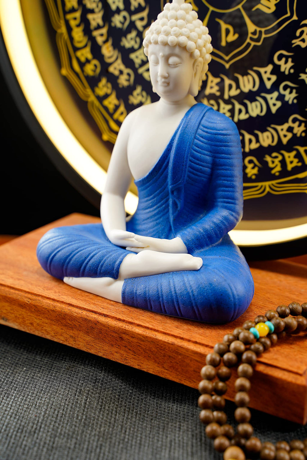 Houlu Yellow Buddha Statue and Circle LED Table Lamp, Ceramic Buddha Statue for Home Décor